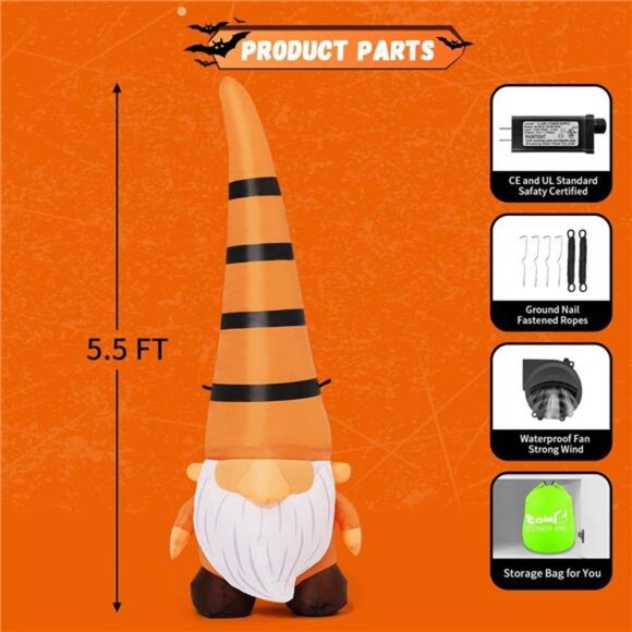 5FT Thanksgiving Inflatables Gnome Blow Up Ourdoor Yard Decoration Built-in LEDs - Picture 2 of 7